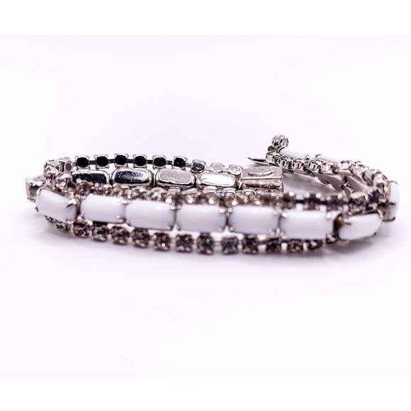 Kramer Of New York Tennis Bracelet Silvertone Milk Glass Rhinestone Vintage 7" - Picture 8 of 9